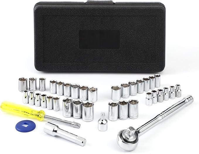 40 Pieces 1/4-Inch & 3/8-Inch Entry-level Drive Socket Set with Reversible Ratchet, Wrench Set with Extension bar, SAE/Metric for Starter Socket Wrench Set for Light Duty Use