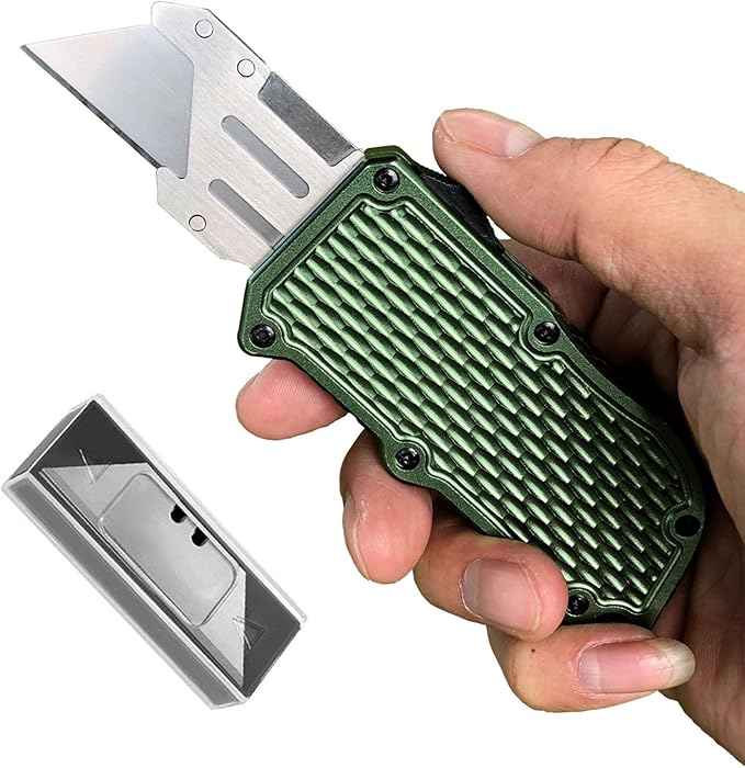 Automatic Utility Knife, Green Razor Blades Pocket Knife, Box Cutters Retractable Heavy Duty, Premium Safety Push Button Knife with 5PCS Blades (Green)