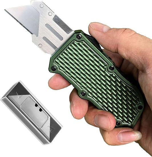Automatic Utility Knife, Green Razor Blades Pocket Knife, Box Cutters Retractable Heavy Duty, Premium Safety Push Button Knife with 5PCS Blades (Green)