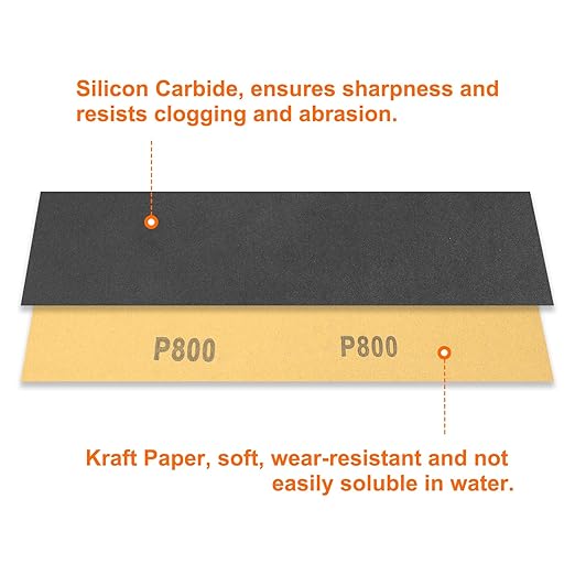HARFINGTON 45pcs Sandpaper 800 Grit 9 x 3.6 Inch Waterproof Backing Silicon Carbide Abrasive Wet Dry Sanding Sheets for Wood Finishing, Metal Sanding, Automotive Polishing