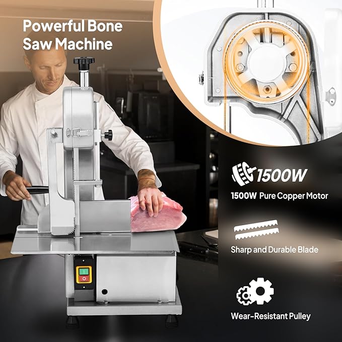 ROVSUN 750W Electric Bone Saw Machine,0.16-7.9Inch Cutting Thickness Frozen Meat Cutter with 6 Saw Blades, Commercial Bandsaw Machine Stainless Steel 18.5 x 12.4 In Table for Chicken Fish Beef