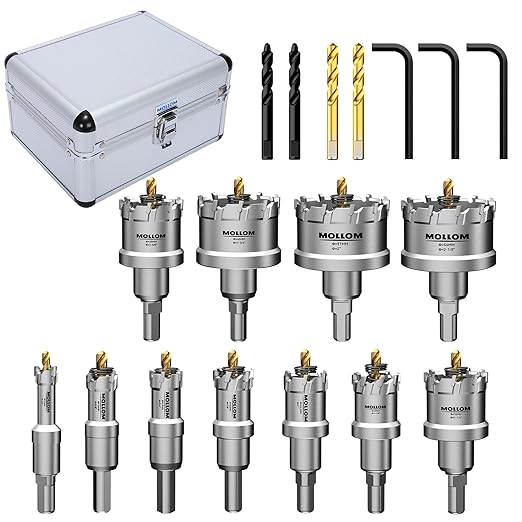 Mollom 11Pcs (13-54mm) TCT Carbide Hole Saw Kit for Hard Metal, Extra 2xTitanium & 2xStepped Pilot Drill bits and 3Pcs Hex Key for Stainless Steel, Iron,Aluminum,Alloy,Metal