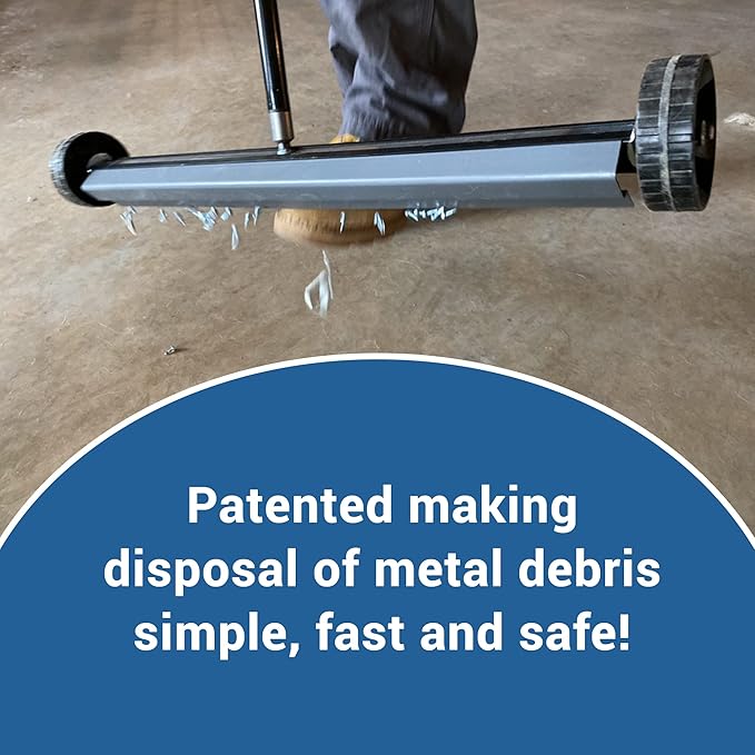 Quick-Release Rolling Magnetic Sweeper, Proudly Made-in-the-USA, 26-Inch Nail Magnet Sweeper on 4-inch Poly Wheels, for Easy Metal Debris Clean-Up. Roofing Edition. Handle sold seperately!