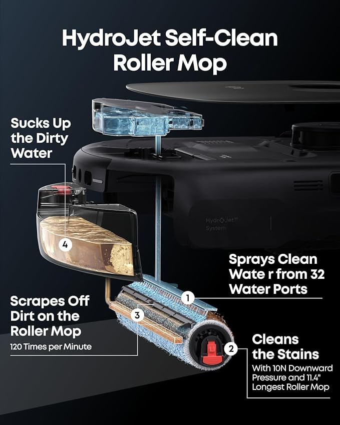 eufy Robot Vacuum E25, 20,000 Pa Turbo Suction,Roller Mop with HydroJet System, All-in-One Robot Vacuum and Mop Combo, Edge-to-Corner Cleaning, Zero-Tangle Design, AI Obstacle Avoidance (Upgraded)