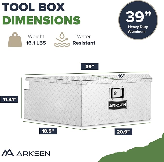 ARKSEN 39 Inch Aluminum Diamond Plate Tongue Box Tool Chest, Waterproof Under Truck Storage for Pick Up Truck Bed, RV Trailer, ATV with Lock and Keys - Silver