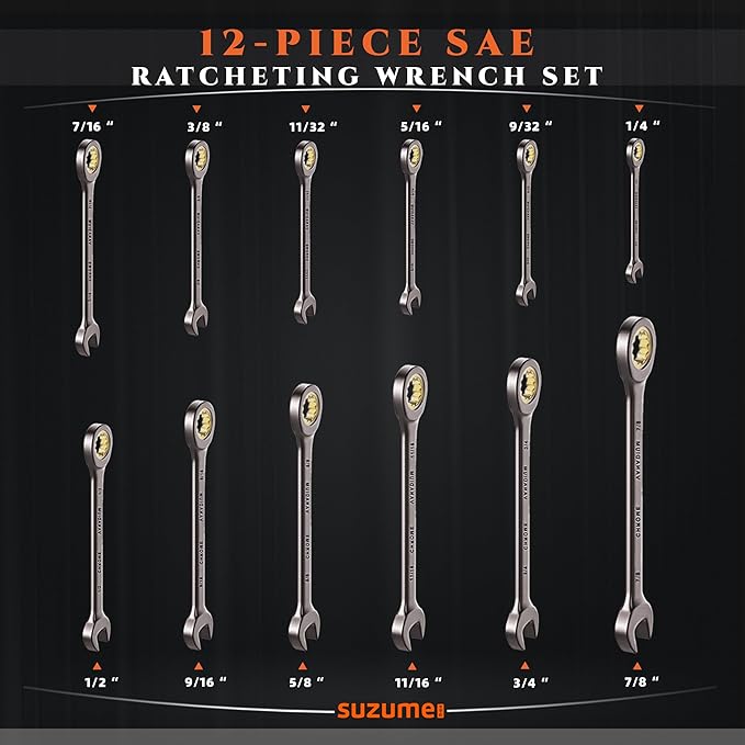 SUZUME SAE Ratcheting Wrench Set 12-Piece (1/4"-7/8") Chrome Vanadium Steel 15K+ Cycle Locked Gears Nickel Plated 72-Tooth 5째 Swing with Organize for Bicycles Cars Motorcycle