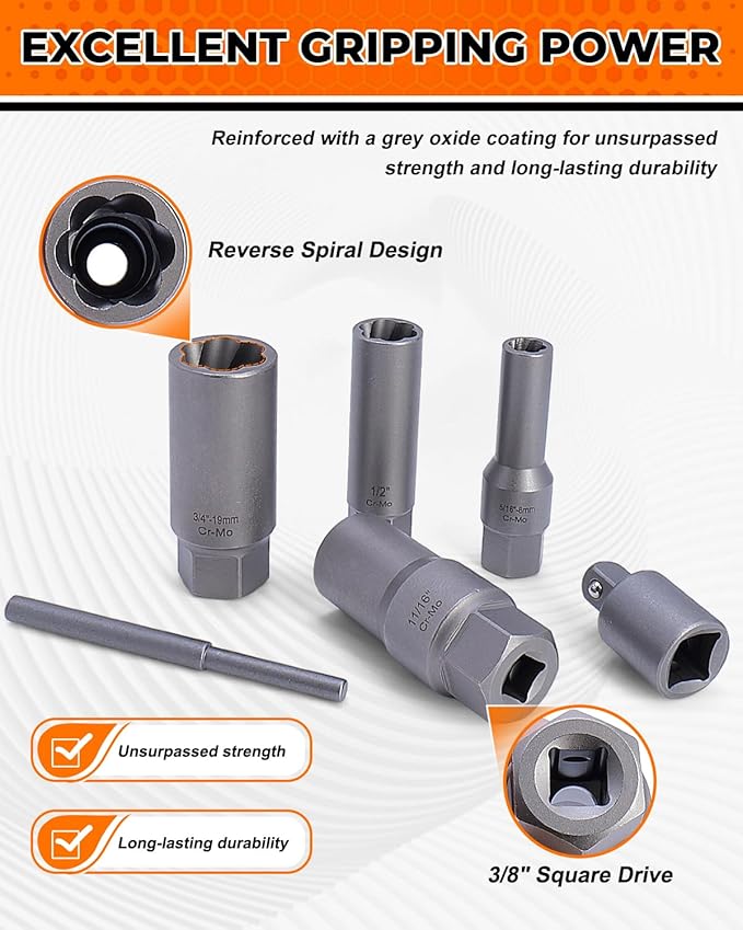 Deep Bolt Extractor Set,16 PCS Impact Bolt & Nut Remover Set, Stripped Lug Nut Remover, Extraction Socket Set for Removing Spark Plug, Damaged Rounded-Off Bolts, Nuts, Studs, Threaded Tubes