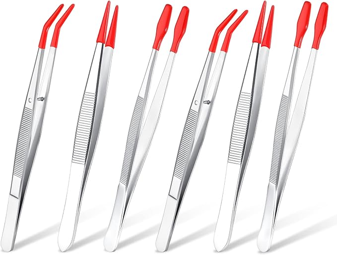 Mixweer 6 Pcs Rubber Long Tipped Tweezer Set for Jewelry Making Soft PVC Rubber Coated Tip Bent and Straight Flat Tip Precision Tweezer for Craft Bead Jewelry Stamps Industrial