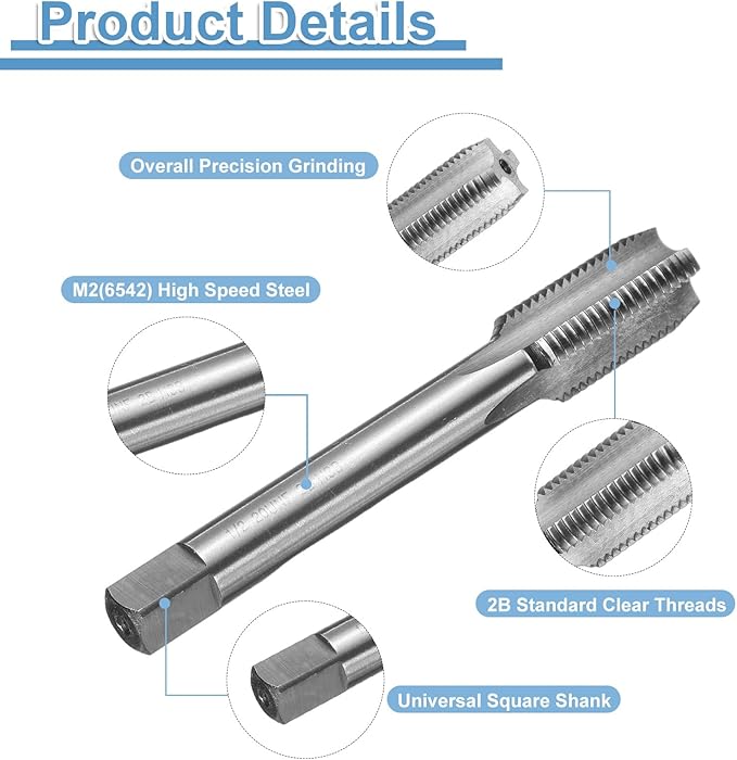 uxcell Hand Bottom Tap 1/2-20 UNF 2B Thread Bottoming Style Threading Taps High Speed Steel HSS6542 Straight Flutes Screw Tapping Tool