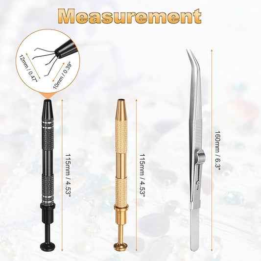HARFINGTON 3pcs Diamond Tweezer Holder Pick Up Tool Set Stainless Steel 4 Claw Holder Elbow Head Jewelry Locking Tweezer for Tiny Objects Electronic Components, Silver/Gold/Black