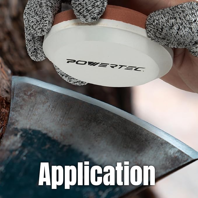 POWERTEC Axe & Hatchet Sharpening Stone, Dual Grit 180/320 Round Sharpening Puck, Multi-Purpose Axe Sharpener with Leather Pouch & Safety Gloves, Whetstone Sharpener Tool for Knife, AX, Sword (72125)
