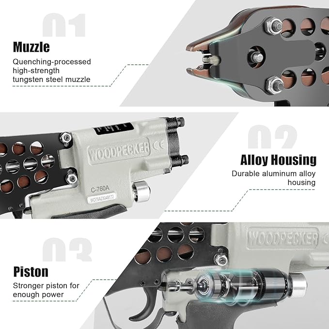 Woodpecker C-760A 16 Gauge Pneumatic Hog Ring Gun Kit, 1/2-Inch Crown, with 1000PCS Hog Ring Staples, 3.0-4.0mm Closing Diameter, Air Hog Ring Plier Tool, C Ring Gun for Cages, Fencing, Car Seat
