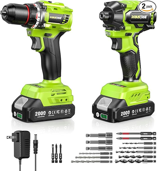 21V Cordless Drill & Impact Driver Combo Kit, 3/8" Drill & 1/4" Impact Driver, 2횞2000mAh Batteries, Fast Charger, 16-Piece Bit Set for DIY Projects, Furniture Assembly & Home Repairs