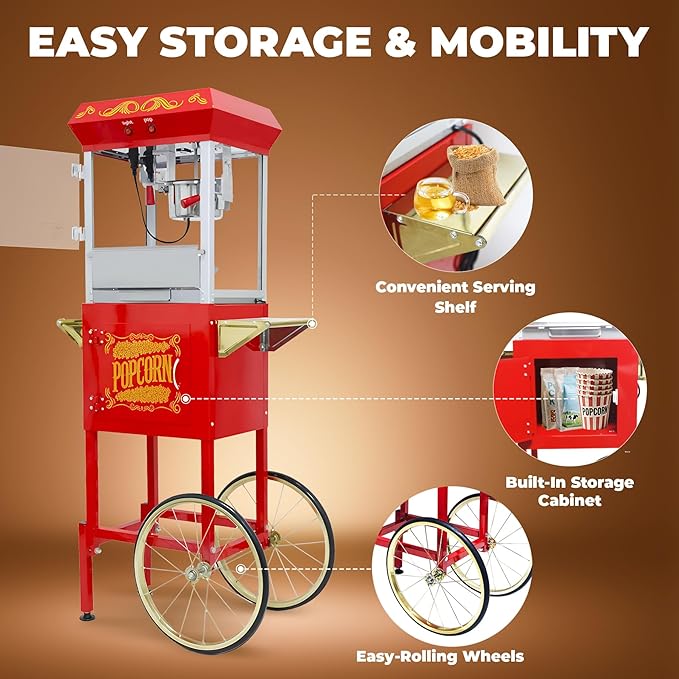 8 Oz Popcorn Machine Cart, 650 W, Popcorn Maker Machine with Stainless-Steel Kettle, Movie Theater Popcorn Machine with Steel Frame Tempered Glass Doors & Heated Warming Deck, Red
