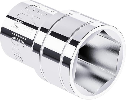 16mm Shallow Socket, 1/2 Inch Drive, 6-Point, Metric, Heat Treated CR-V Steel Short Sockets, Full Polishing, 1.5 Inch Length