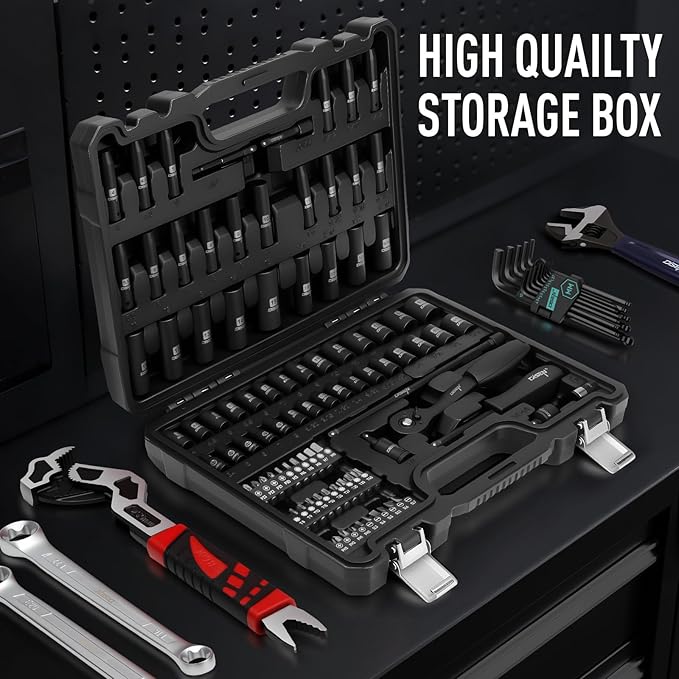 DISEN 94 PCS 1/4" Drive Impact Socket Set, Shallow & Deep Socket SAE(5/32"-9/16") & Metric(4-15mm), Torx Screwdriver Bit Set, 72T Ratchet Wrench Handle, CRV Tool Set with Adapter, Automotive Repair