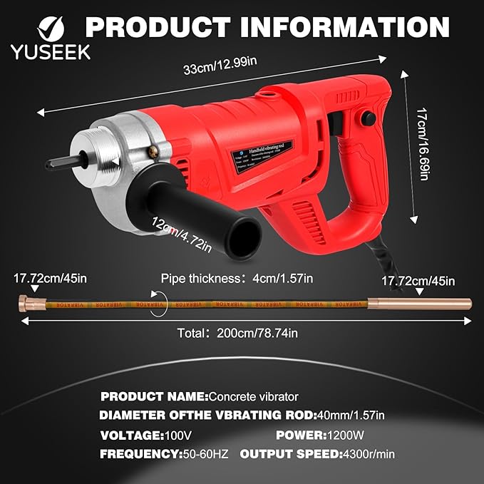 Electric Vibrator Concrete Handheld,2HP 1500W Powerful Copper Motor Construction Insertion Cement Vibrator Remove Air Bubble,Mix Concrete with Flexible Shaft Long working area 6.6 ft(2m)