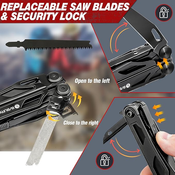 BIBURY Multitool Pliers Pro BI2045AB, Stainless Steel Foldable Multi Tool with Upgraded Scissors and Screwdriver, Multitools with Replaceable Wire Cutters and Saw, Ideal for Camping,Fishing,Survival