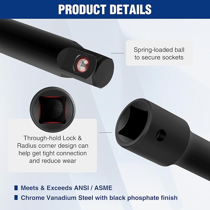 WORKPRO 1/2" Drive Impact Extension Bar Set, 3 PCS Socket Extensions, 3?? 6??and 8??Length, Premium Chrome Vanadium Steel with Black Phosphate Finish
