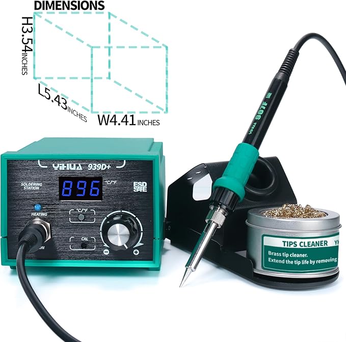 YIHUA 939D+ Digital Soldering Station, 75W Equivalent with Precision Heat Control (392째F to 896째F) and Built-in Transformer. ESD Safe, Lead Free with 째C/째F display (Green)