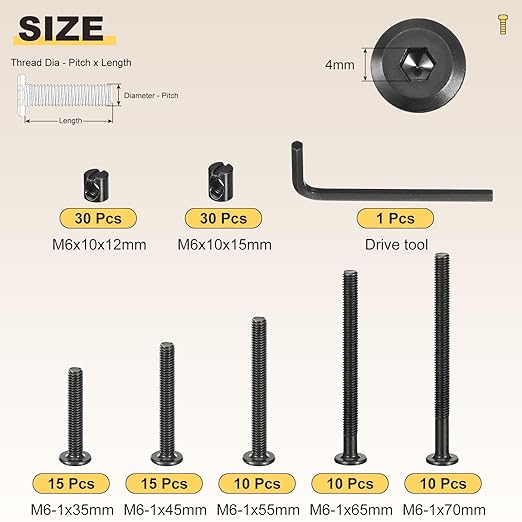 METALLIXITY Furniture Crib Screws Replacement Set with Wrench(M6-1x35/45/55/65/75mm) 120Pcs, Connector Bolt M6 Screw Barrel Nuts Binding Screws, for Chair Cabinet Bed, Black