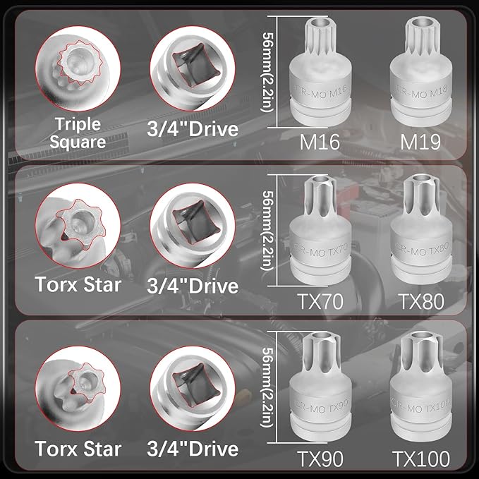 6PCS 3/4"Drive Torx Star & Triple Square Impact Socket Set, Cr-MO T100 T90 T80 T70 M18 M16 Impact Drive Allen Socket Kit, Remover Hand Repair Tool