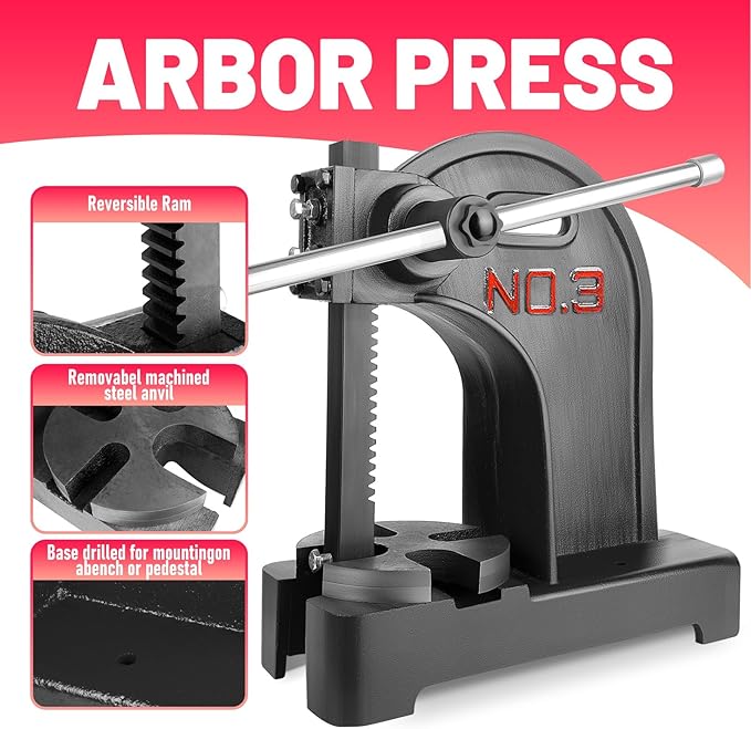 Heavy Duty 3 Ton Arbor Press, Manual Arbor Press, 12" Maximum Height, Cast Iron Desktop Press for Bending, Stamping, Forming, Stretching (3 Ton Black)