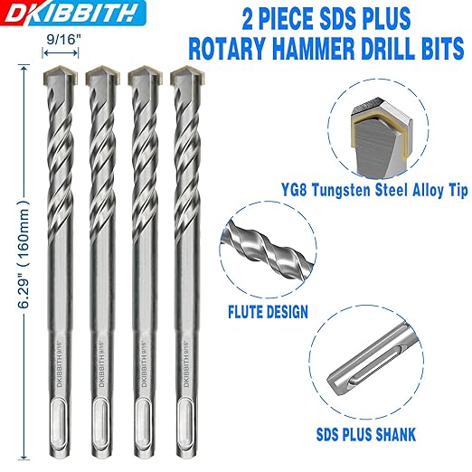 4-Piece 9/16" SDS Plus Drill Bits Rotary Hammer Drill Bit Set, Carbide Tipped for Drilling Concrete Cement Porcelain Tiles Ceramic Pots Stone Brick, Diameter 14mm, 160mm Long, SDS Plus Shank.