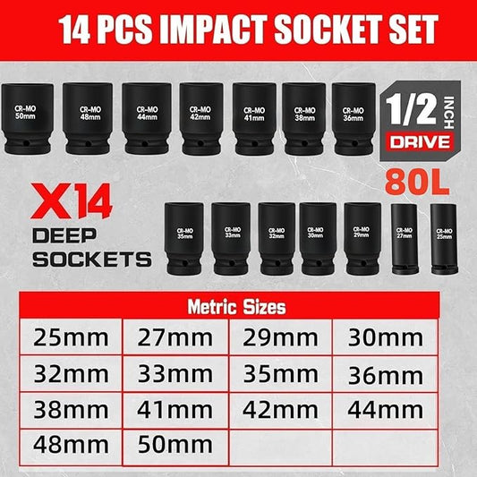 1/2 Inch Drive Deep Impact Socket Set,6-Point, Metric Sizes(25-50mm),14 PCS,Cr-Mo Steel,Heavy Duty Impact Sockets for Automotive & Industrial Machinery,With a Storage Case