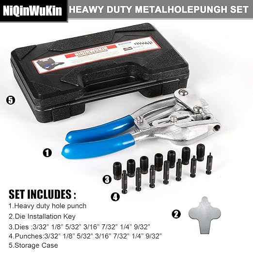Metal Hole Punch Tool Set - Professional Heavy Duty Hole Punch for Metal - Hand 3/32in to 9/32in for Aluminum, Brass and Steel Sheet with Storage Box - Blue