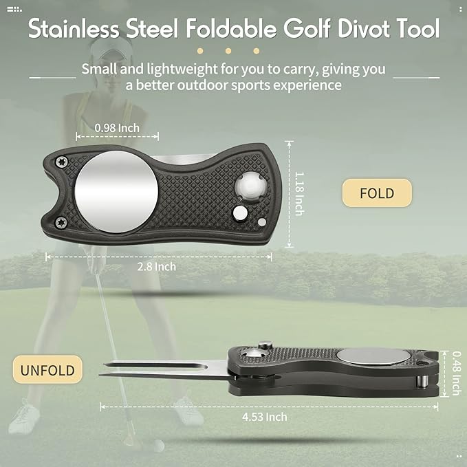Skylety 4 Pcs Golf Divot Repair Tool Metal Foldable Golf Divot Tool with Magnetic Pop-up Button Ball Marker Stainless Steel Switchblade for Golfers Prizes