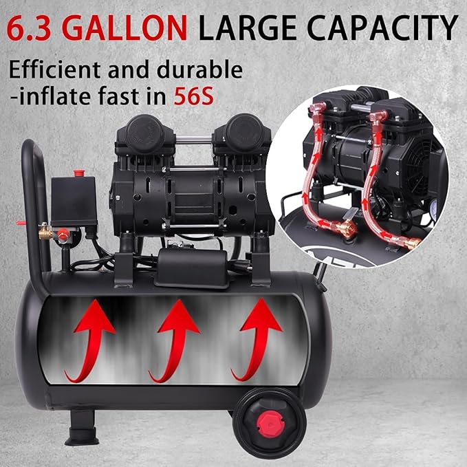 MZB 6.4 Gallon Ultra Quiet Air Compressor 110V/60Hz 1.5HP 7.41CFM MAX 115PSI Steel Tanks Oil-Free 70dB Noise Level Air Compressor with Wheels for Spray Painting, Auto Repair, Carpentry Decoration