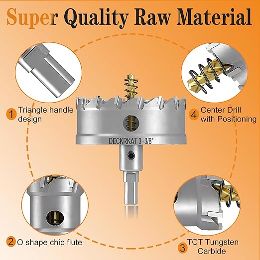 3-3/8" TCT Hole Saw for Hard Metal, Heavy Duty 85mm Tungsten Carbide Tipped Hole Cutter with Spring-Loaded Pilot Drill Bit for Stainless Steel, Metal, Iron, and Plastic.