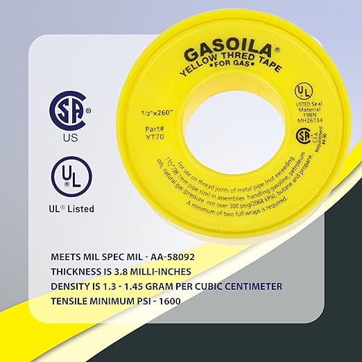 Gasoila Yellow PTFE Thread Seal Tape ??Professional-Grade, 1/2 Inch x 260 Inch, High-Density Thread Tape for Gas Lines??Leak-Proof Seal, Non-Toxic