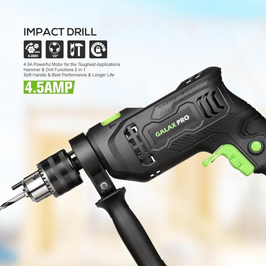 GALAX PRO 4.5Amp 0-3000RPM Corded Hammer Drill, 5pcs Bit, Hammer and Drill 2 Functions in 1 with 12 Variable Speed, 1/2 Inch Keyed Metal Chuck, 360째Rotating Handle