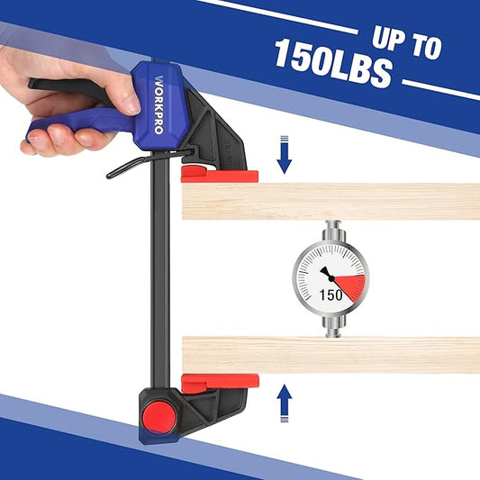 WORKPRO Bar Clamps for Woodworking, 6-Pack One-Handed Clamp/Spreader, 6-Inch (4) and 12-Inch (2) Wood Clamps Set, Light-Duty Quick-Change F Clamp with 150 lbs Load Limit Blue