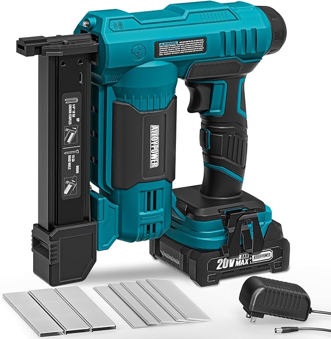 ALLOYPOWER 2 in 1 Cordless Brad Nailer/Electric Stapler with 2.0Ah Battery and Charger,1000pcs Nails and 500pcs Staples Included for Home Improvement & Woodworking