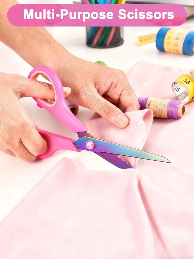 8.5" Office Scissors Heavy Duty, Titanium Coating Sharp Blades, Ergonomic Semi-Soft Rubber Grip, Scissors All Purpose for Sewing, School, Fabric, Art Craft Supplies, Pink, 3-Pack