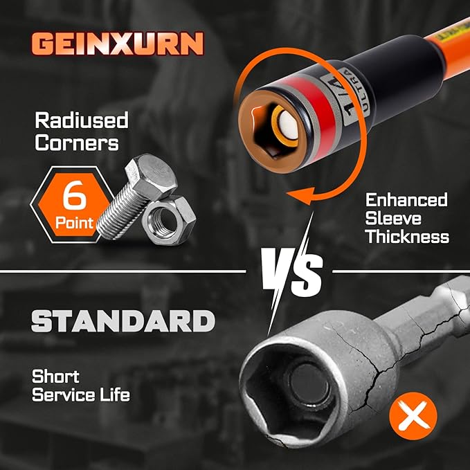 Impact Nut Driver Set, 10 Pieces 6?쒵ong 1/4?? Point Alloy Steel Magnetic SAE Nut Setter Set Use For Require Installing 1/4 Hex Shank Impact Driver with Case Box