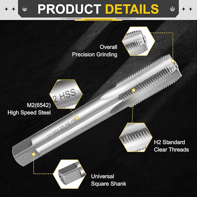 uxcell Hand Plug Tap M15 x 1.25 H2 Metric Thread Plug Style Taps Straight Flute Screw Tapping Threading Tool High Speed Steel HSS6542