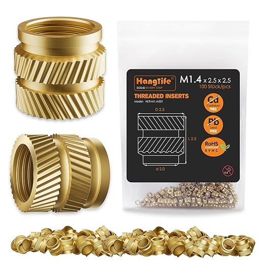 HANGLIFE Heat-Set Threaded Inserts, M1.4 Heat Set Insert for 3D Printing Components and Plastic Parts - Brass Metric Knurled Nuts (100 Pieces)