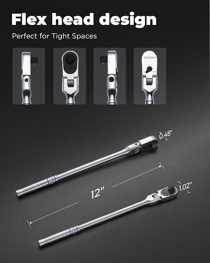 toolant 3/8" Drive Flex Head Ratchet Wrenches, 90 Tooth Compact Flex Head Socket Ratchet Wrench, 12 Inch Length