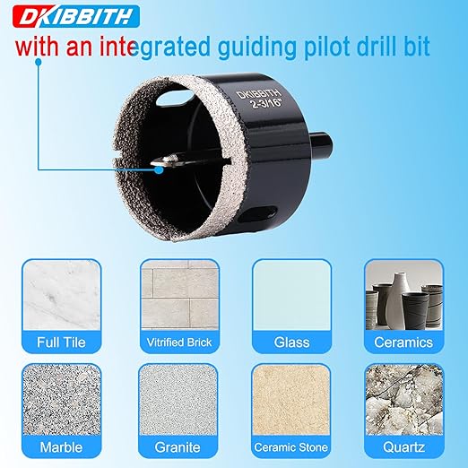 2-3/16" Diamond Hole-Saw Bits with Pilot Drill Bit - 2pc 2-3/16in Diamond Tipped Tile Hole Saws with Guiding Bit for Accurate Drilling for Porcelain Tile Ceramic Pots Granite Stone Glass Bottles 55mm