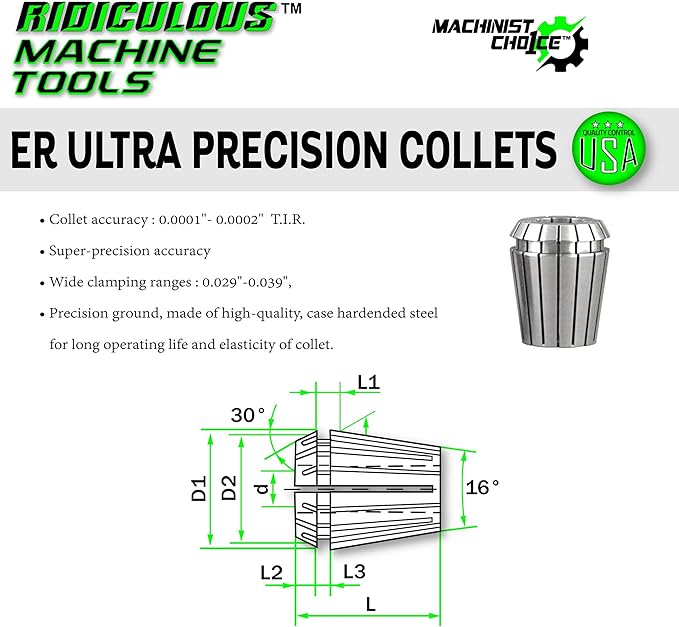 ER16 ULTRA Precision Spring Collets (0.0001" T.I.R.) USA 100% Quality ControlMachinist Choice™