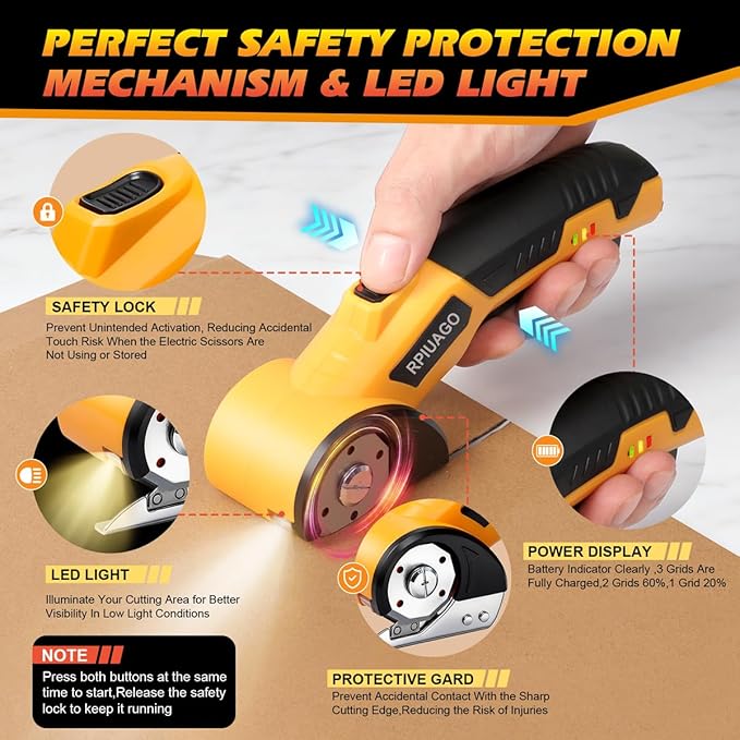 Rechargeable Electric Scissors, 4.2V Cardboard Cutter Electric with LED Light & Safety Lock, 3000mAh Battery & 2 SK5 Rotary Blades, Electric Box Cutter for Cardboard, Fabric, Leather, Plastic