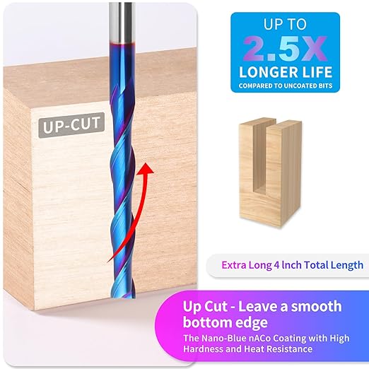 Extra Long 4 Inch Upcut Spiral Router Bit 1/4 Inch Shank, 1/4 Inch Cutting Diameter, Solid Carbide with NACO Coating CNC Router Bits End Mill for Wood Cut, Trimming, Carving
