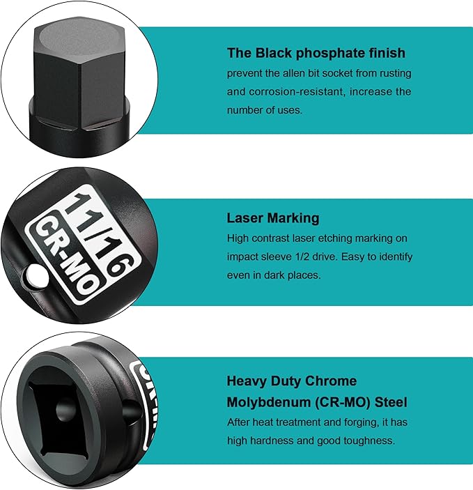 1/2" Drive H11/16-Inch Impact Hex Bit Socket, SAE Allen Bit Socket, Cr-Mo Steel, Removing Loosening Hexagon Bolts