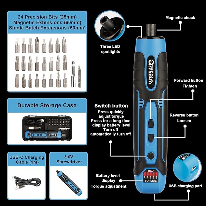 3.6V Cordless Screwdriver Set, Electric Screwdriver with 24 in 1 Magnetic Bits, 3-10 N.m Torque for Electrician Tools & DIY,300RPM (Sky Blue)