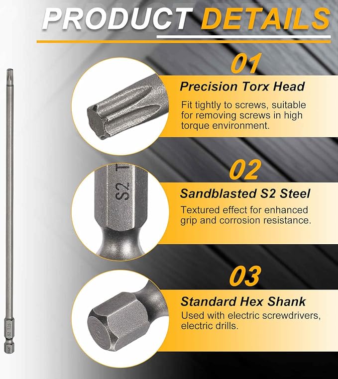 HARFINGTON 2pcs T25 Torx Head Screwdriver Bit 1/4" Hex Shank 7.87" (200mm) Long Magnetic No Hole Tip Tamper Proof 6 Point Star Screw Driver Drill Bits S2 Steel Industrial Power Screwdrivers