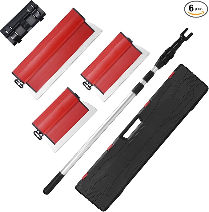 Drywall Skimming Blade Set, 10"+16"+24" Skimming Blade+ 33"-77" Extension Handle Pole with Portable Case, Stainless Steel Drywall Smoothing Spatula for Large Working Area Sheetrock/Wall-Board